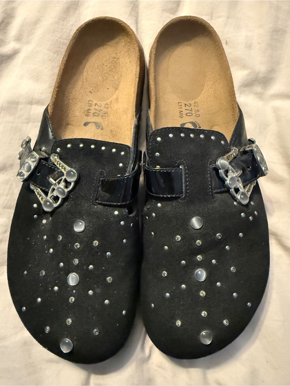 Beulah ( new) Studded Black Suede Clog Mules with Silver Buckles